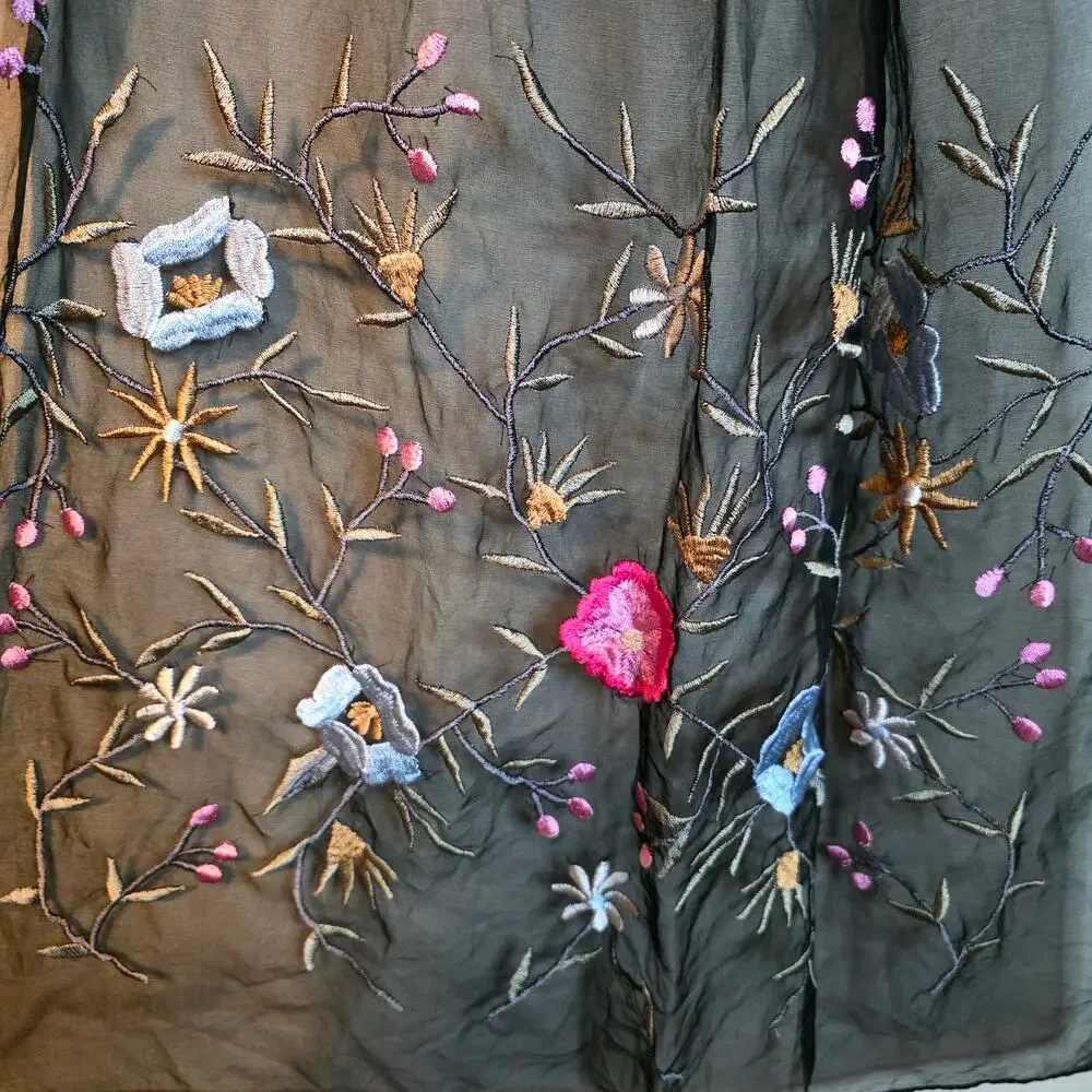 Frangi 100% silk black sheer scarf with multicolor floral embroidery 72' L 20